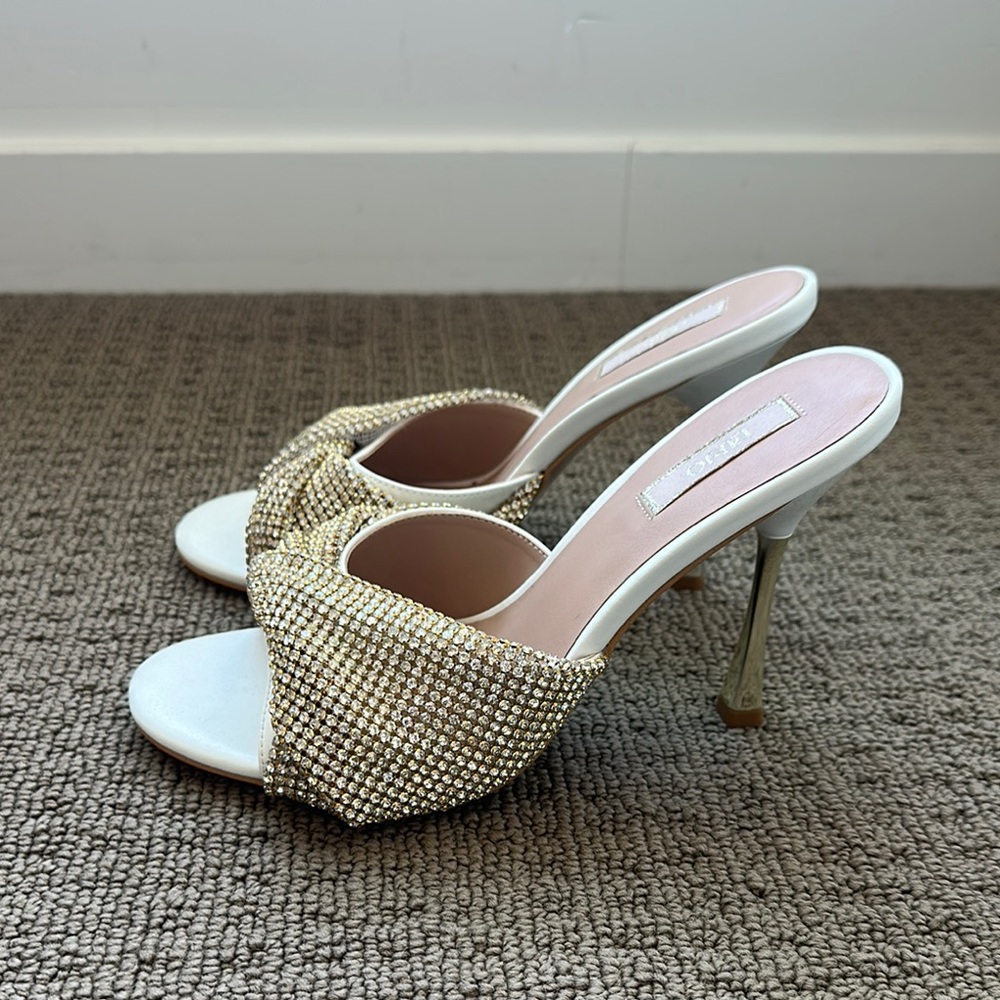 Liu Jo 110mm Miriam Rhinestone Leather Mules white and gold heels